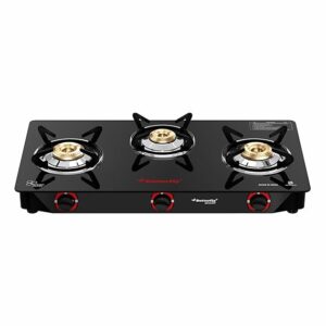 Butterfly Smart 3 Burner Glass Top Gas Stove | Manual Ignition | Scratch Resistant Toughened Glass | Brass Burners | Skid-proof Legs | 1 Year Manufacturer's Warranty | Black