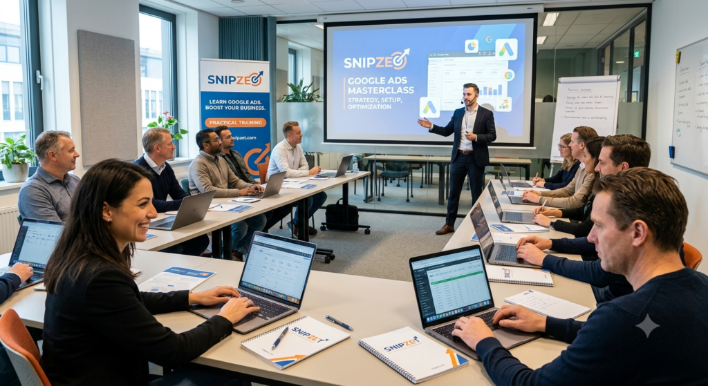 Professional trainer presenting a Google Ads Course to attentive students with laptops in a modern office classroom setting featuring Snipzet branding.