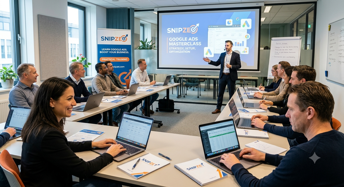 Professional trainer presenting a Google Ads Course to attentive students with laptops in a modern office classroom setting featuring Snipzet branding.